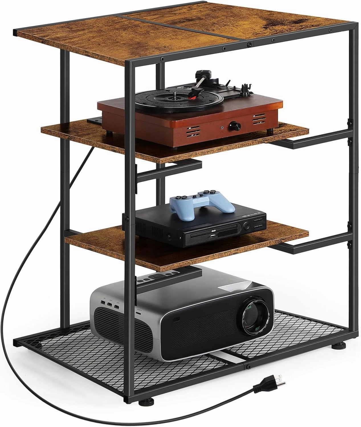4-Tier AV Media Stand with Adjustable Outlets, Media Console, Audio Rack Tower Stereo Stands for Record Player, Living Room, Gaming Room, Office Room, and Music Studio, Rustic Brown audio rack,hi-fi component stand,media shelf,