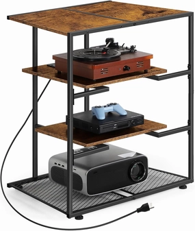 4-Tier AV Media Stand with Adjustable Outlets, Media Console, Audio Rack Tower Stereo Stands for Record Player, Living Room, Gaming Room, Office Room, and Music Studio, Rustic Brown audio rack,hi-fi component stand,media shelf,