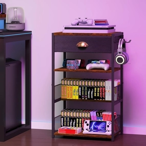 4-Tier AV Media Stand with Drawer, Video Game Console Shelf with 2 Hooks, Audio Rack Tower Perfect for/Xbox/ PS5/Switch/Game Consoles/DVD/Record Player/Projector/Sky Box/TV Accessories audio rack,hi-fi component stand,media shelf,