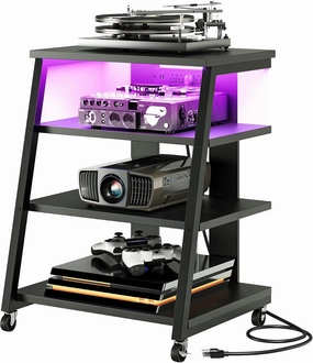 4-Tier AV Media Stand with Wheels, Stereo Stands, Media Console Shelf with Power Strips, LED Lights, Wooden Audio Cabinet Rack Tower for Record Player/Apple TV/ps4, Black TCJ60UDBB audio rack,hi-fi component stand,media shelf,