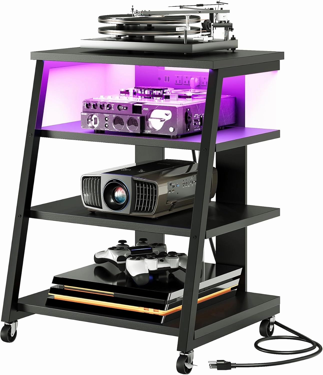 4-Tier AV Media Stand with Wheels, Stereo Stands, Media Console Shelf with Power Strips, LED Lights, Wooden Audio Cabinet Rack Tower for Record Player/Apple TV/ps4, Black TCJ60UDBB audio rack,hi-fi component stand,media shelf,