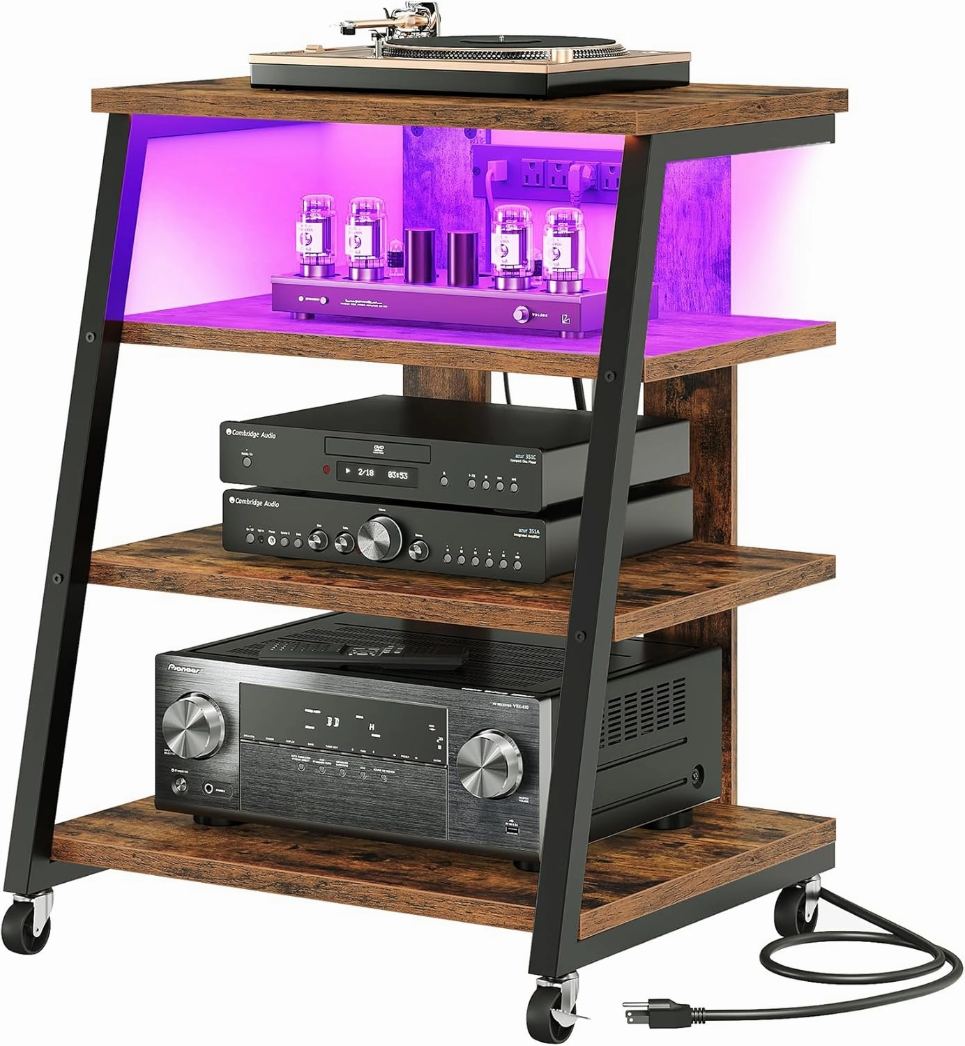 4-Tier AV Media Stand with Wheels, Stereo Stands, Media Console Shelf with Power Strips, LED Lights, Wooden Audio Cabinet Rack Tower, Rustic Brown and Black TCJ60UDBF audio rack,hi-fi component stand,media shelf,