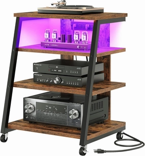 4-Tier AV Media Stand with Wheels, Stereo Stands, Media Console Shelf with Power Strips, LED Lights, Wooden Audio Cabinet Rack Tower, Rustic Brown and Black TCJ60UDBF audio rack,hi-fi component stand,media shelf,