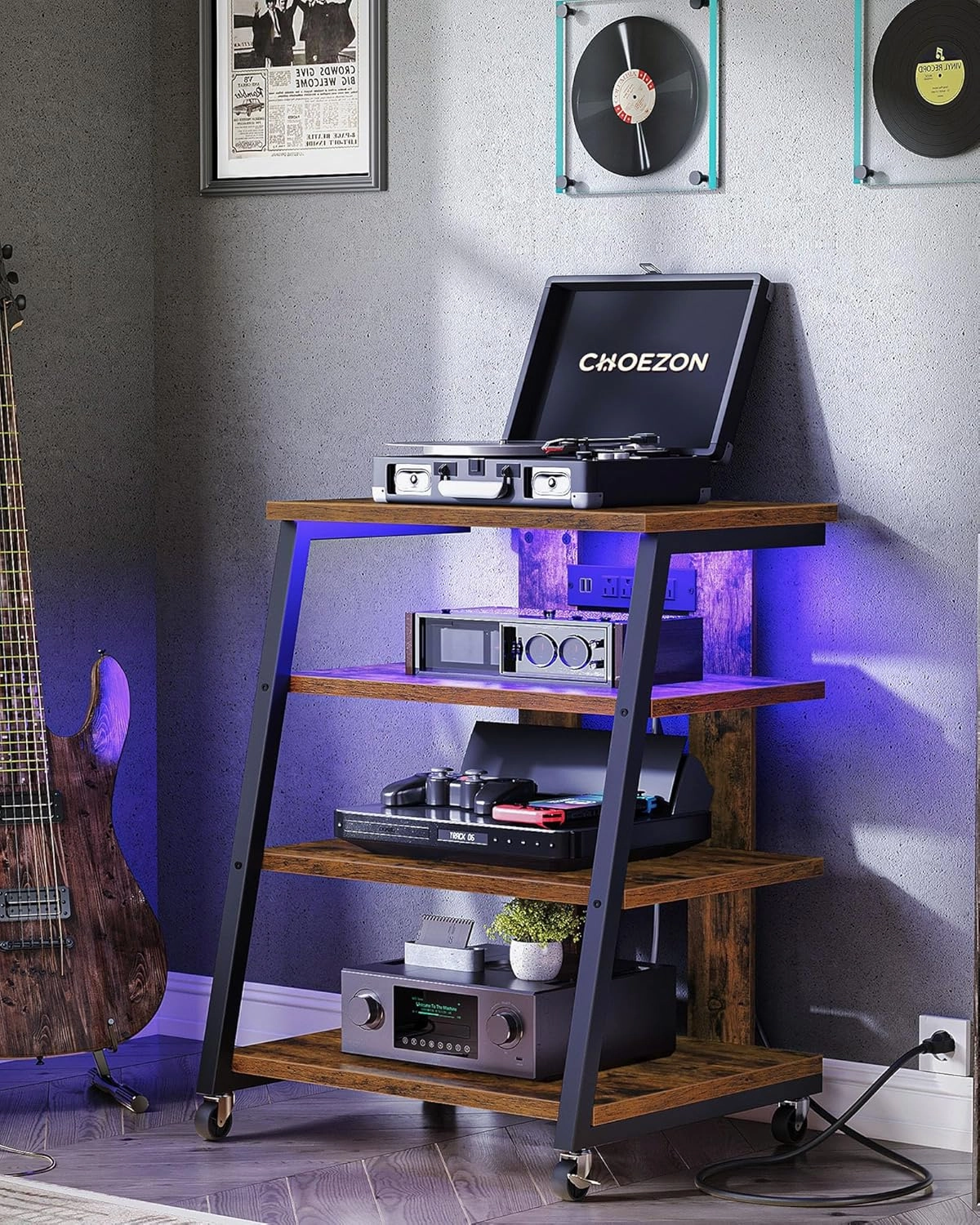 4-Tier AV Media Stand with Wheels, Stereo Stands, Media Console Shelf with Power Strips, LED Lights, Wooden Audio Cabinet Rack Tower, Rustic Brown and Black TCJ60UDBF