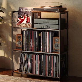 4 Tier Large Record Player Stand, Holds Up to 380-450 Albums Turntable Stand with 4 Adjustable Divider Vinyl Record Cabinet Turntable Stand for Albums DVD Shelf Books Magazines Files vinyl storage,record holder,LP organizer,