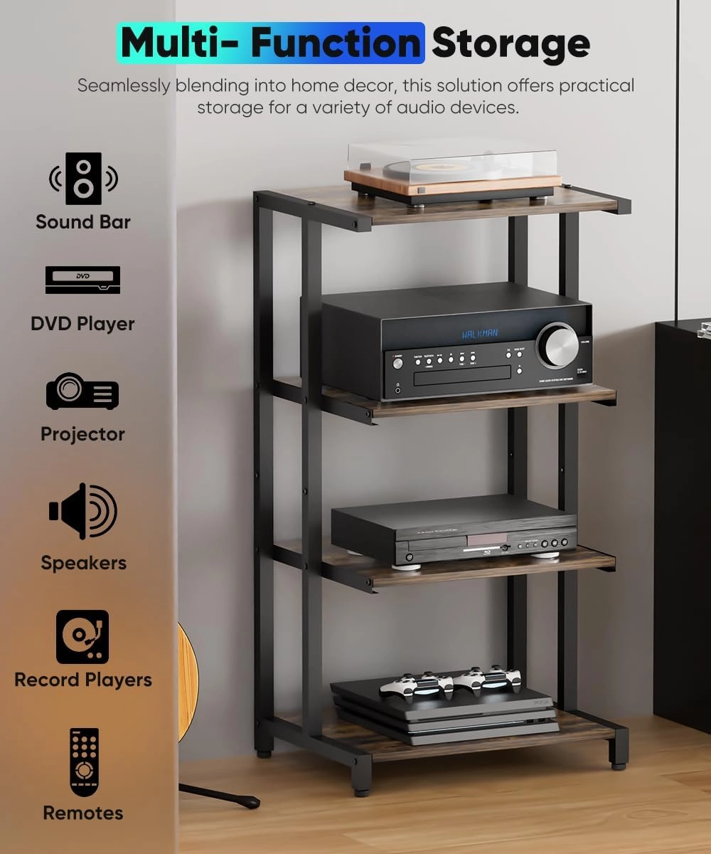 4-Tier Wooden Media Stand, AV Media Stand Corner Shelf for TV Accessories/Audiovisual Equipment/Optical Disc/PS4, Audio Storage Rack for Living Room, Gaming Room, Music Studio, Black