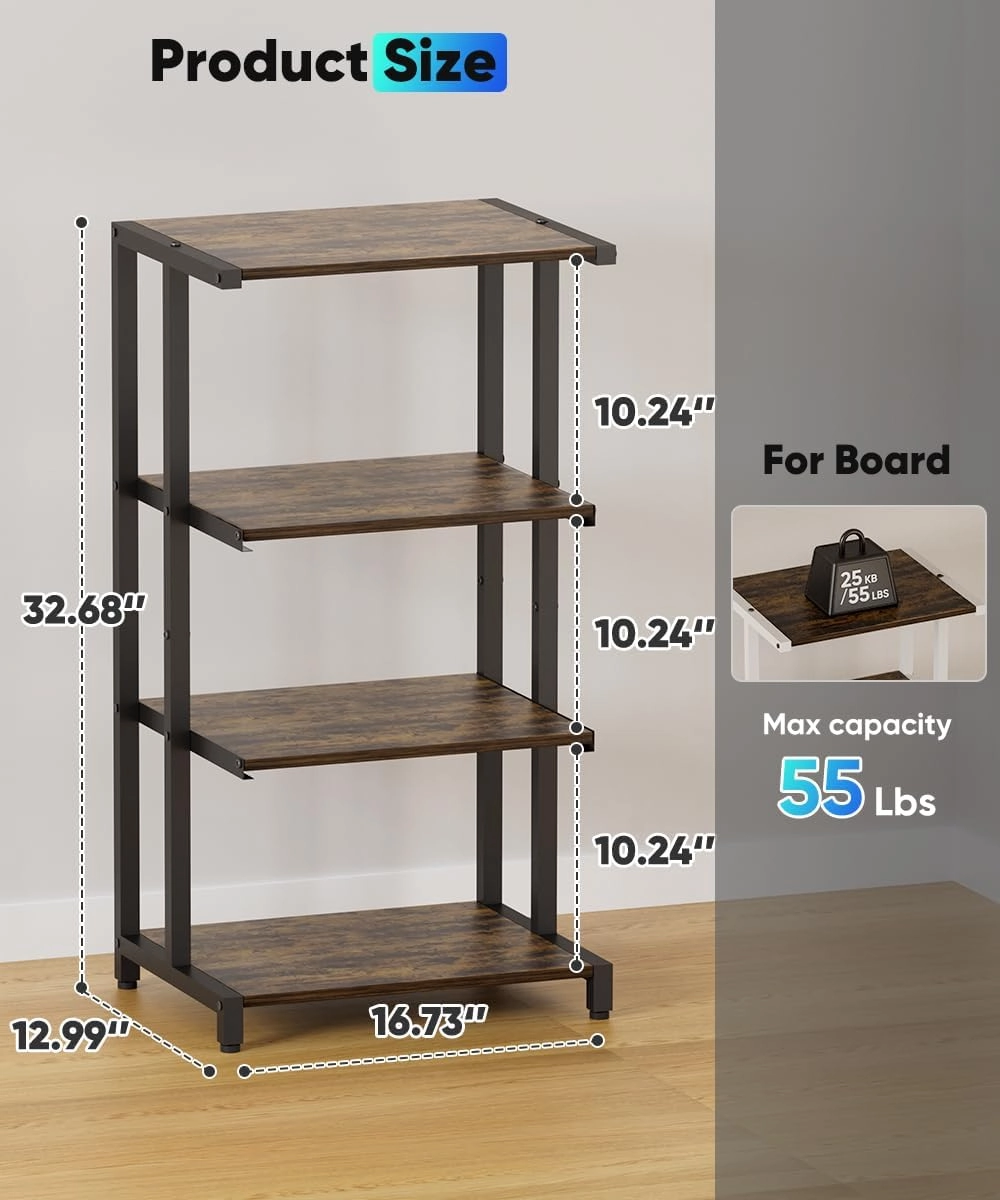 4-Tier Wooden Media Stand, AV Media Stand Corner Shelf for TV Accessories/Audiovisual Equipment/Optical Disc/PS4, Audio Storage Rack for Living Room, Gaming Room, Music Studio, Black