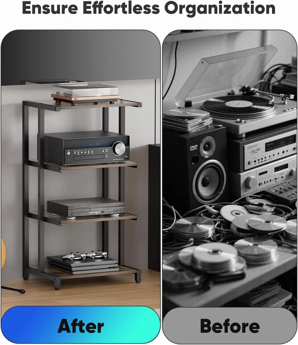 4-Tier Wooden Media Stand, AV Media Stand Corner Shelf for TV Accessories/Audiovisual Equipment/Optical Disc/PS4, Audio Storage Rack for Living Room, Gaming Room, Music Studio, Black