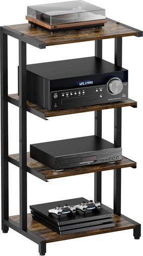 4-Tier Wooden Media Stand, AV Media Stand Corner Shelf for TV Accessories/Audiovisual Equipment/Optical Disc/PS4, Audio Storage Rack for Living Room, Gaming Room, Music Studio, Black audio rack,hi-fi component stand,media shelf,