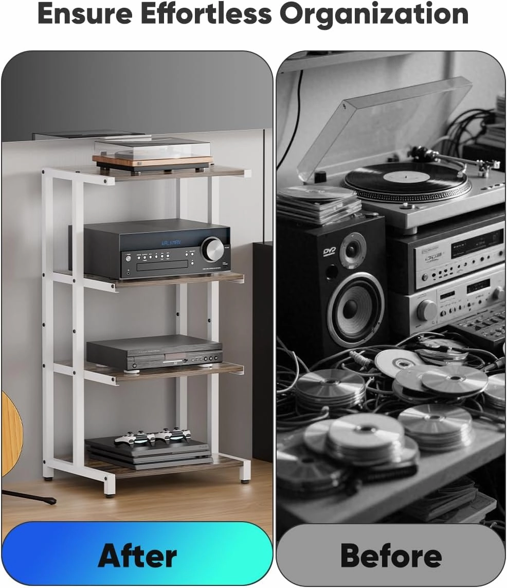 4-Tier Wooden Media Stand, AV Media Stand Corner Shelf for TV Accessories/Audiovisual Equipment/Optical Disc/PS4, Audio Storage Rack for Living Room, Gaming Room, Music Studio, White