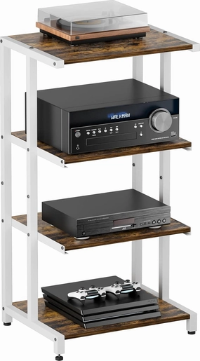 4-Tier Wooden Media Stand, AV Media Stand Corner Shelf for TV Accessories/Audiovisual Equipment/Optical Disc/PS4, Audio Storage Rack for Living Room, Gaming Room, Music Studio, White audio rack,hi-fi component stand,media shelf,