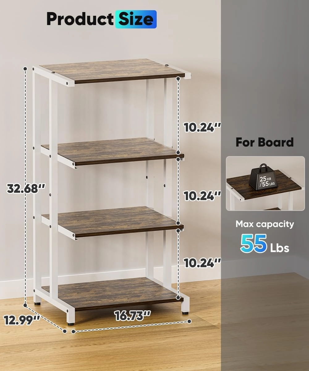 4-Tier Wooden Media Stand, AV Media Stand Corner Shelf for TV Accessories/Audiovisual Equipment/Optical Disc/PS4, Audio Storage Rack for Living Room, Gaming Room, Music Studio, White