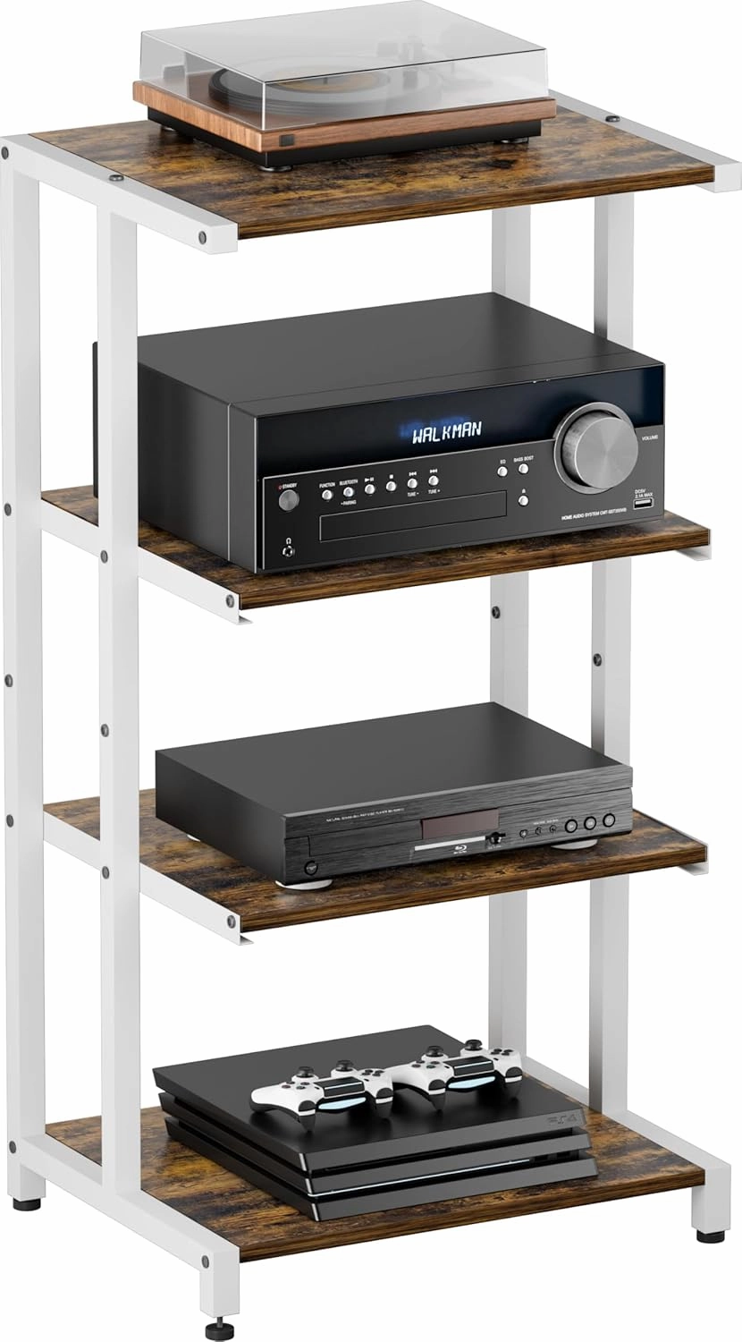 4-Tier Wooden Media Stand, AV Media Stand Corner Shelf for TV Accessories/Audiovisual Equipment/Optical Disc/PS4, Audio Storage Rack for Living Room, Gaming Room, Music Studio, White audio rack,hi-fi component stand,media shelf,