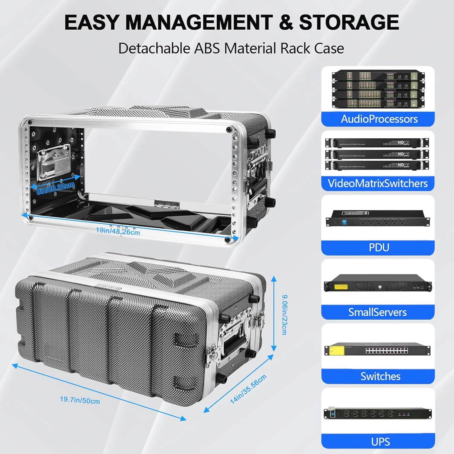 4U ABS Rack Case Shallow 8" Depth, 19" Rackmount Flight Road Travel Case, Waterproof Protective Hard Case with Customized Foam, Wireless Mic System Storage/Amp/Effect/DJ Mixer