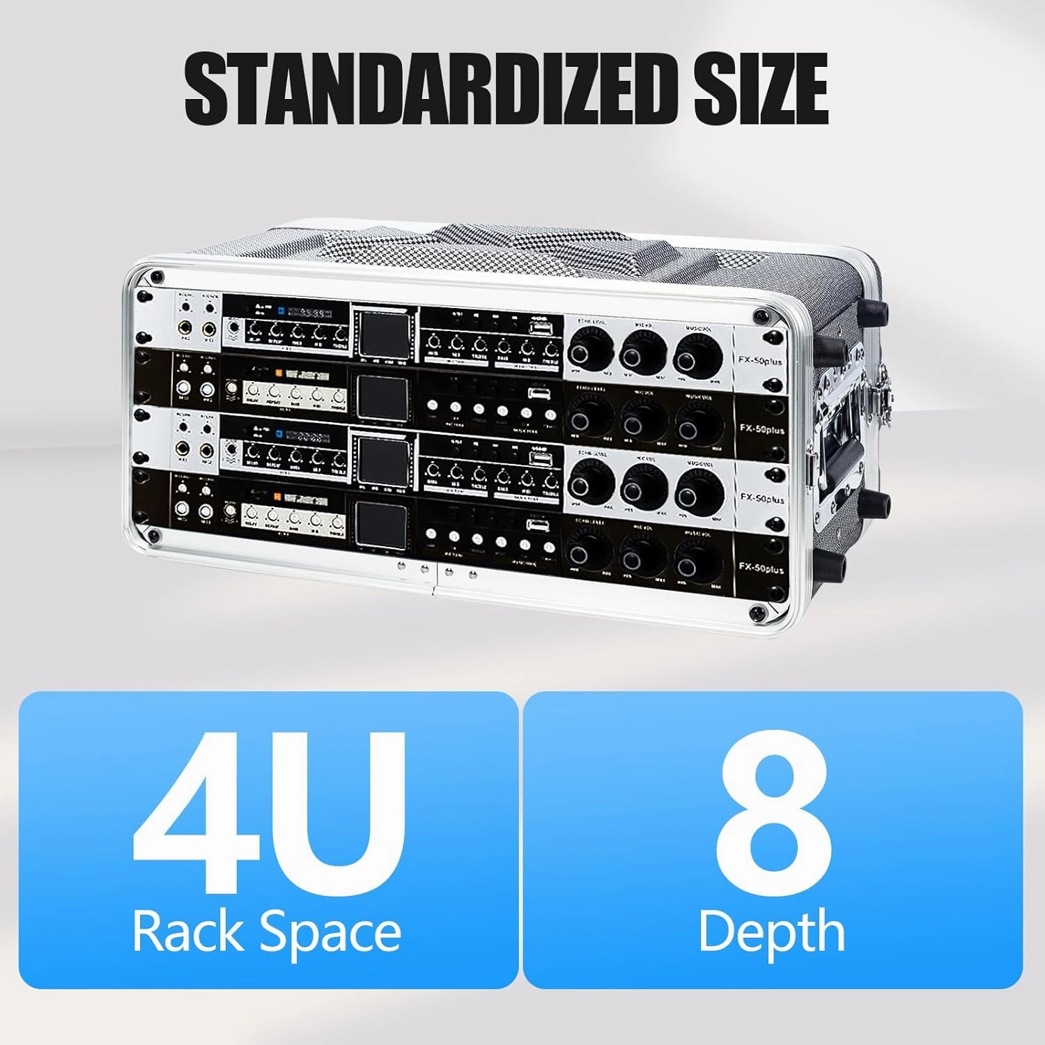 4U ABS Rack Case Shallow 8" Depth, 19" Rackmount Flight Road Travel Case, Waterproof Protective Hard Case with Customized Foam, Wireless Mic System Storage/Amp/Effect/DJ Mixer