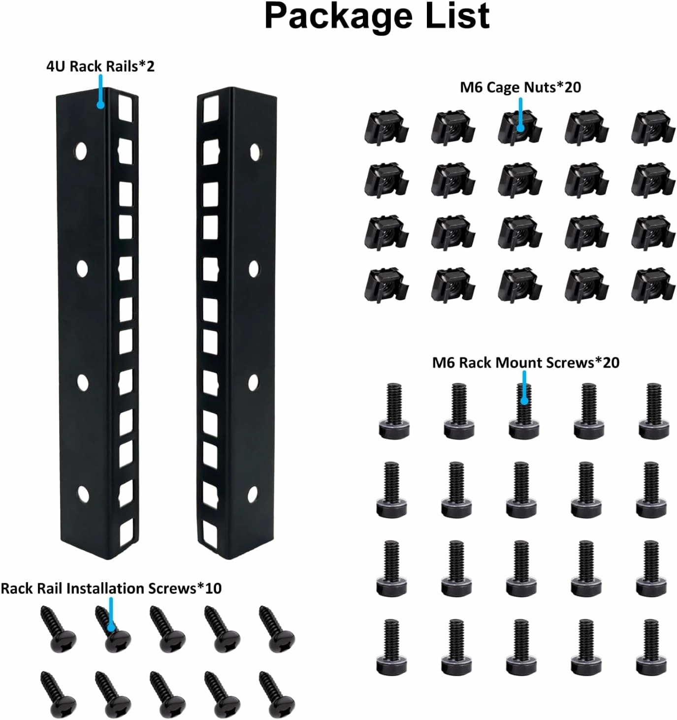 4U Rack Rails with M6 Rack Mount Screws and Cage Nuts Set for DIY Server and Network Switch Racks