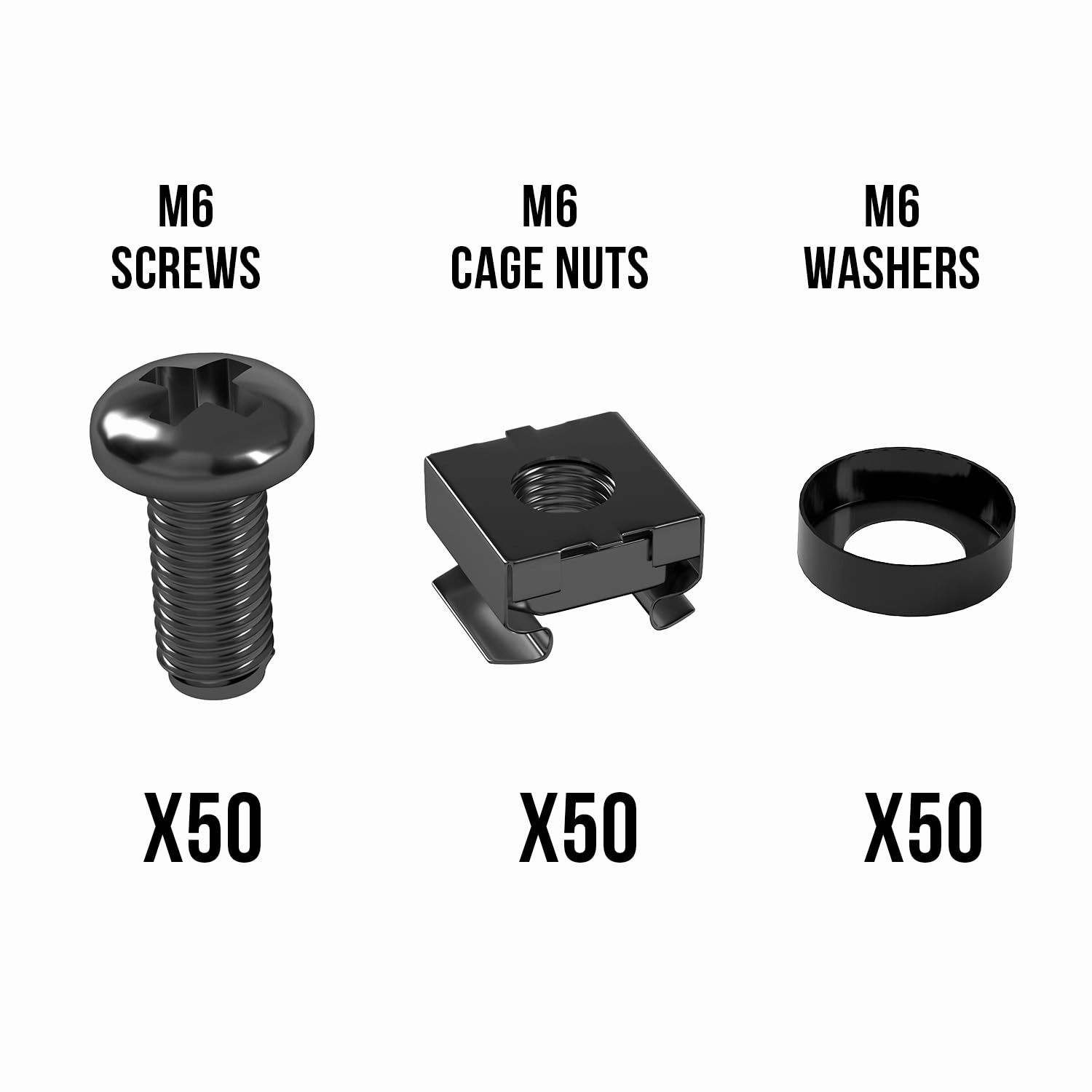 50 Pack of Black M6 Cage Nuts & Screws for Rack Mount Equipment Server 19" and 10" Cabinet, Patch Panel, Server Shelves Fixing & Installation Screws & Cage Nuts Wall Mount Server Network Enclosure