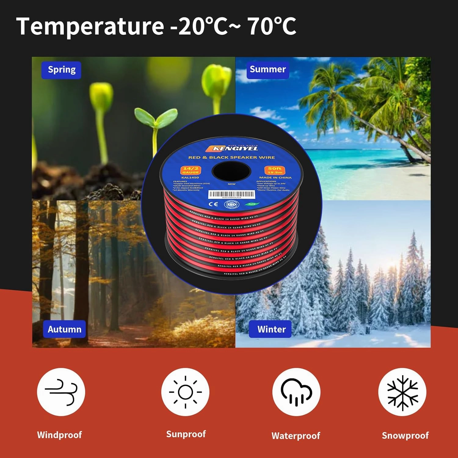50FT 14 Gauge Speaker Wire 2 Conductors Red Black Cable Hookup LED Lighting Strips Electrical Wire Extension Cord 14/2 Gauge Wire Copper Clad Aluminum 12V/24V DC Cable Flexible Extension Cord