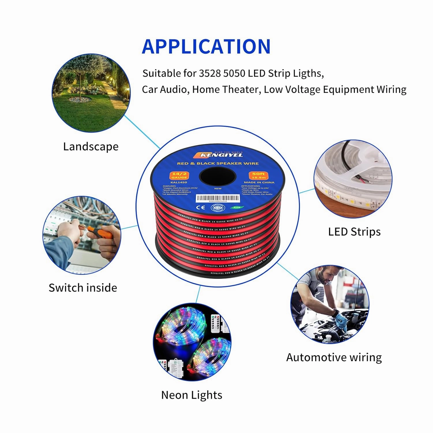 50FT 14 Gauge Speaker Wire 2 Conductors Red Black Cable Hookup LED Lighting Strips Electrical Wire Extension Cord 14/2 Gauge Wire Copper Clad Aluminum 12V/24V DC Cable Flexible Extension Cord