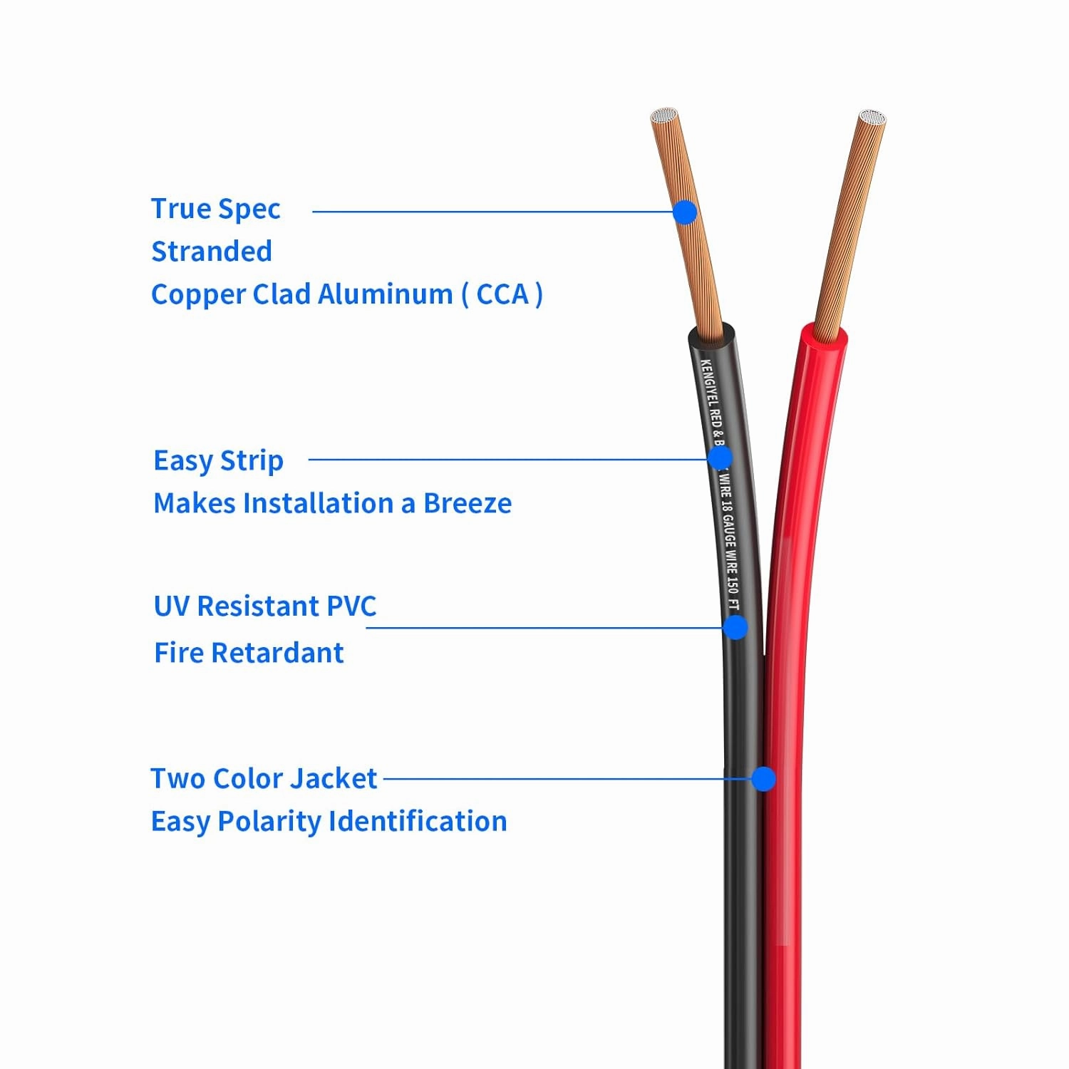 50FT 14 Gauge Speaker Wire 2 Conductors Red Black Cable Hookup LED Lighting Strips Electrical Wire Extension Cord 14/2 Gauge Wire Copper Clad Aluminum 12V/24V DC Cable Flexible Extension Cord