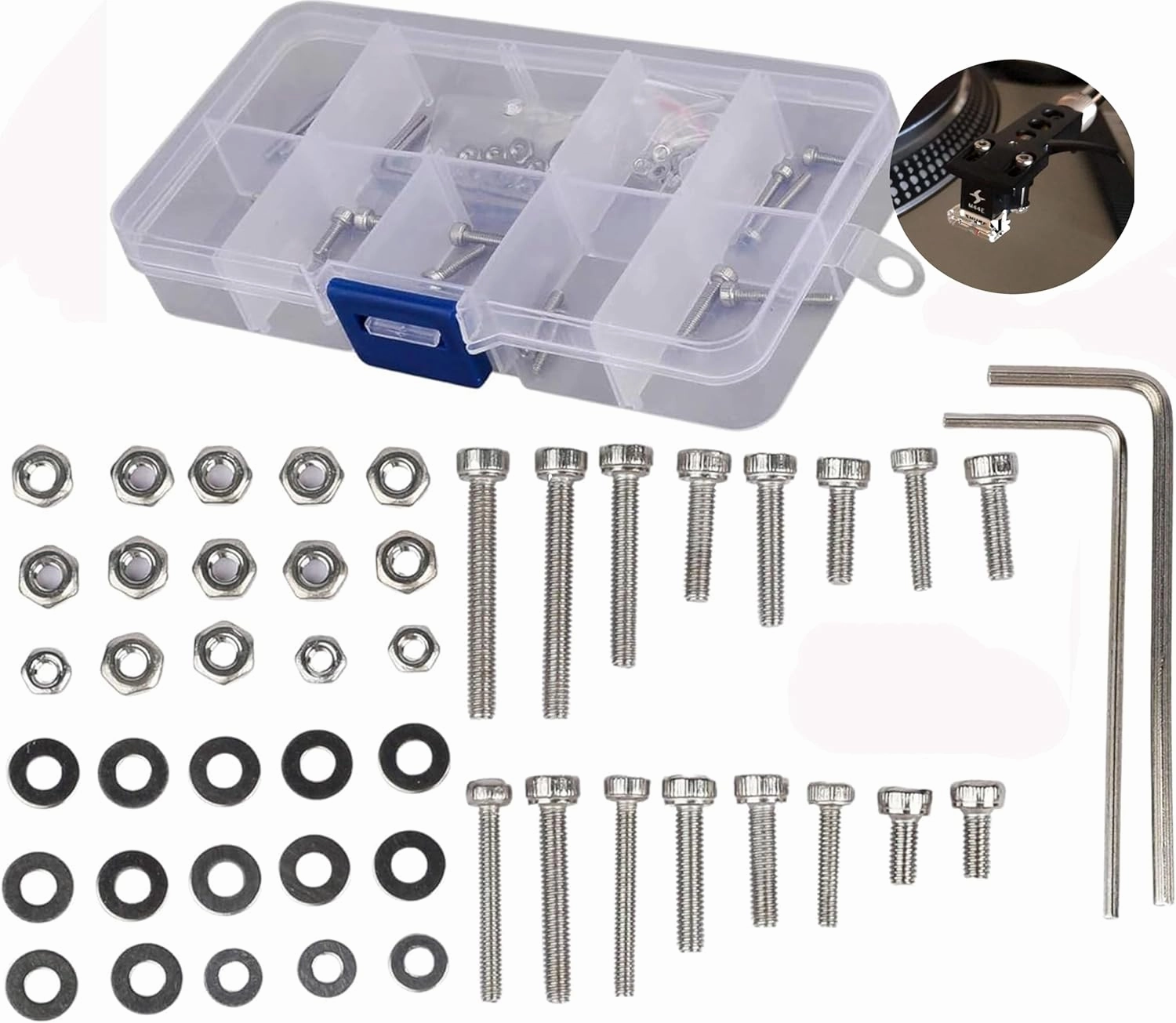 50Pcs/Set Universal Turntable Headshell Cartridge Mounting: Stainless Steel Hex Socket Head Screws, Bolts, Nuts, Metal Washers & Wrenches - Cartridge Mounting Screws - For Phonograph Parts turntable cartridge,phono cartridge,MM MC stylus,