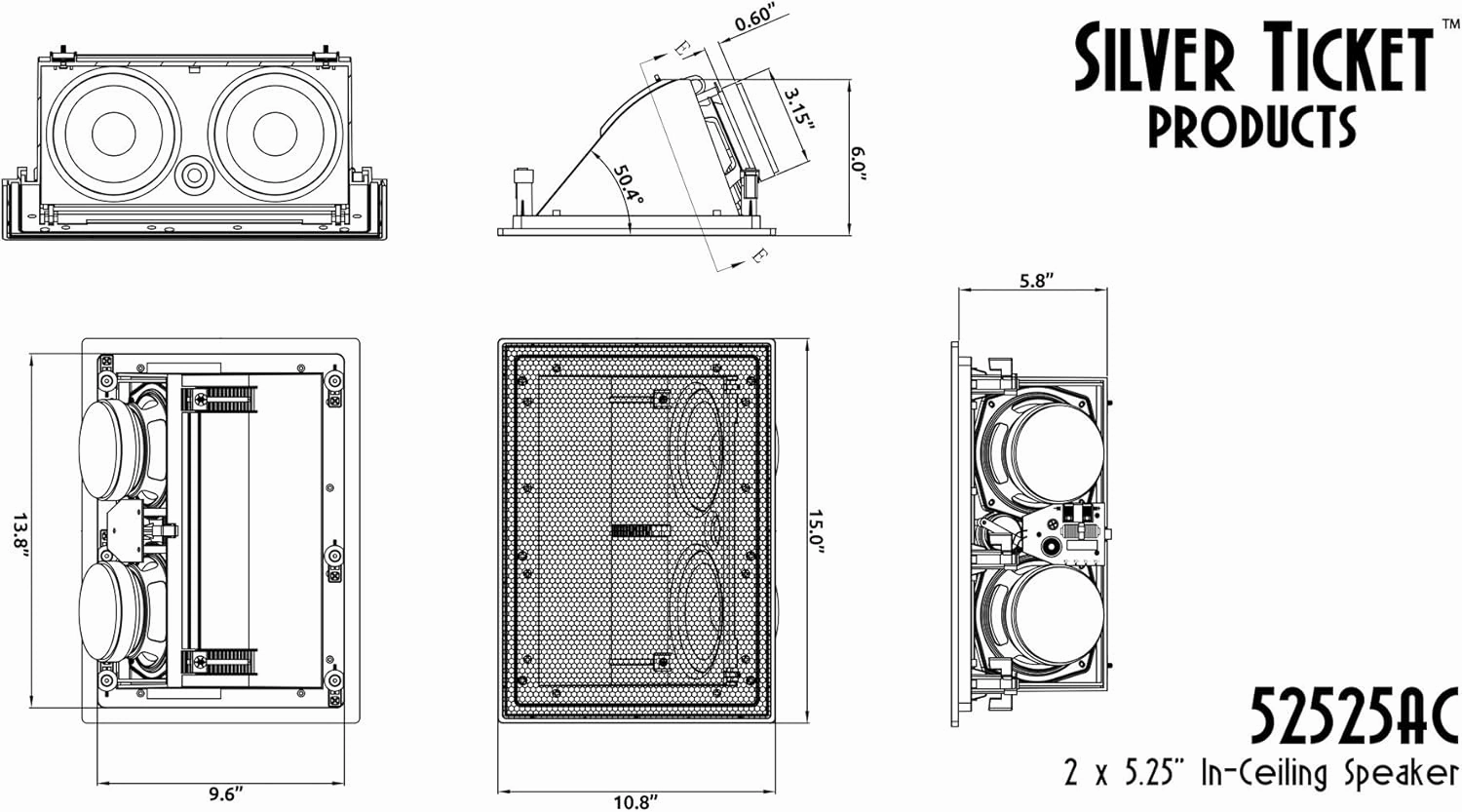 5252AC Silver Ticket in-Ceiling Speaker with Pivoting Full Speaker Adjustable Angle Woofers and Tweeter (Dual 5.25 Inch in-Ceiling Center Channel) Ceiling ONLY