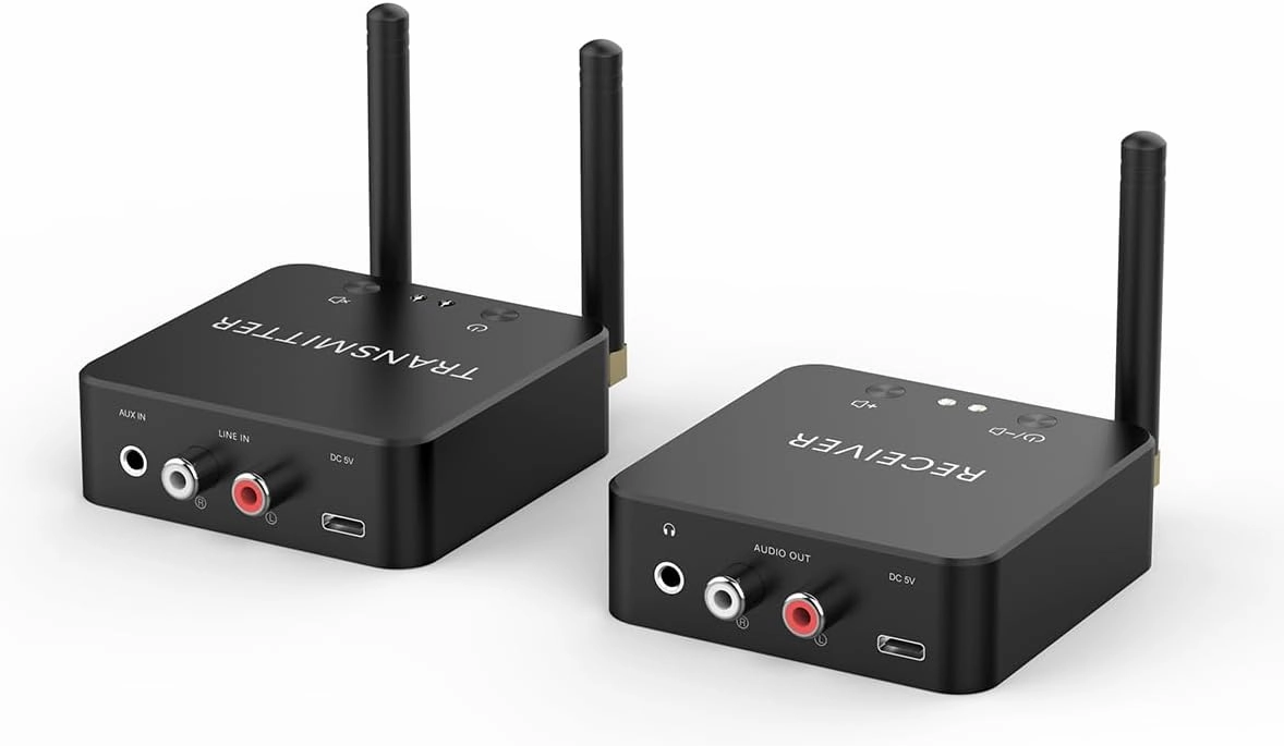 5.8GHz&5.2GHz Dual-Band Wireless Audio Transmitter Receiver for TV/PC, 160ft Long Range 0.018s Low Latency with bulit-in 2.4G Bluetooth 5.3 Receiver, Wireless Adapter Kit with RCA(3.5mm) Out/Input wireless audio bridge,Bluetooth transmitter,WiFi audio 