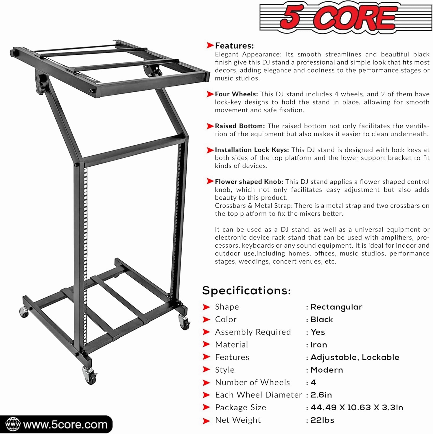5 CORE 16U Professional Audio Rack Mount DJ Mixer Stand Studio Adjustable Table Cart with Wheels RACK STAND 16U