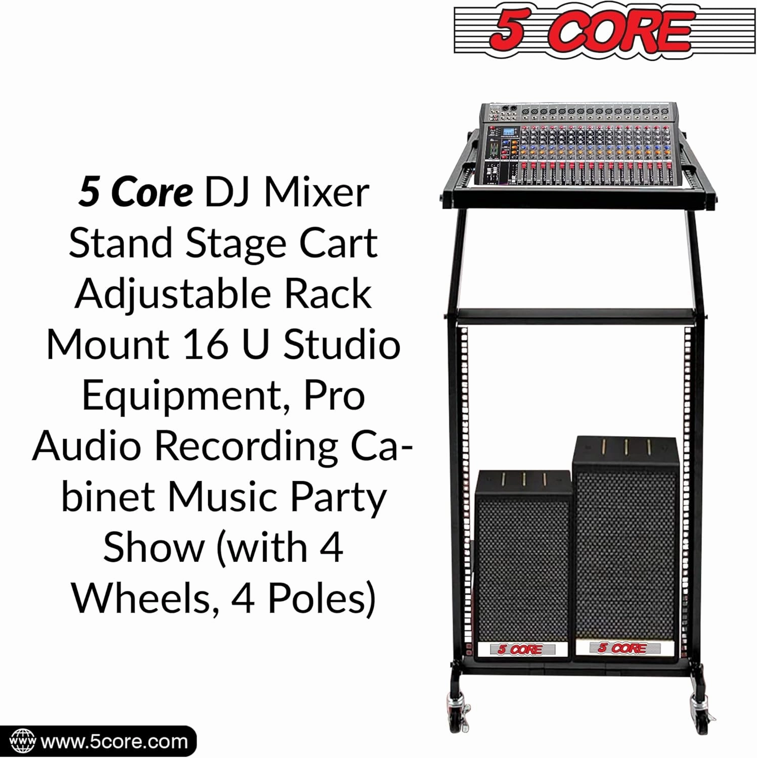 5 CORE 16U Professional Audio Rack Mount DJ Mixer Stand Studio Adjustable Table Cart with Wheels RACK STAND 16U