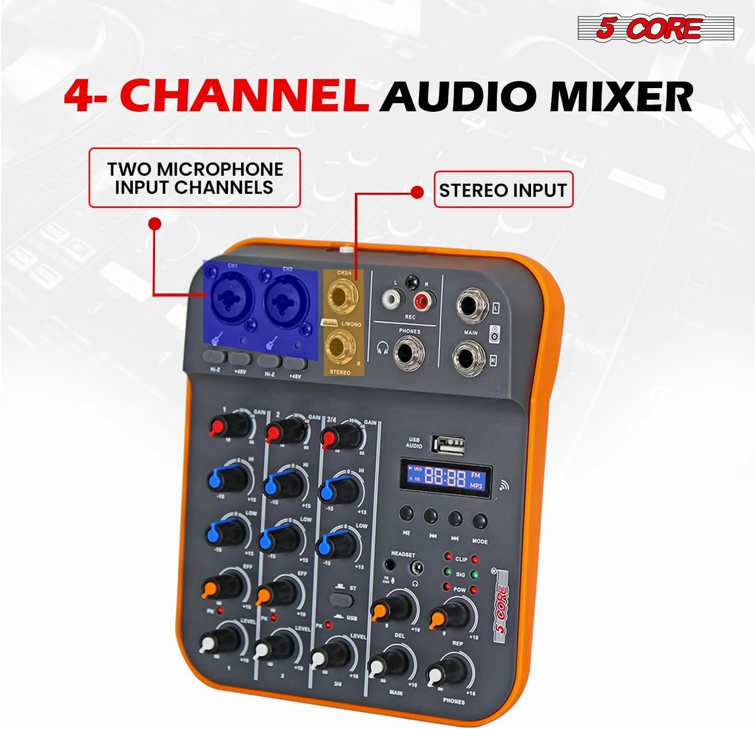 5 Core Audio Mixer 4 Channel DJ Mixing Board Small Bluetooth USB Analog Mezclador De Audio w Phantom Power Console for Live Recording Podcast Karaoke PARENT MX 4CH (Orange)