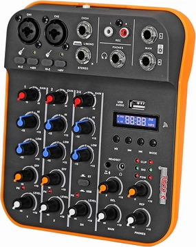 5 Core Audio Mixer 4 Channel DJ Mixing Board Small Bluetooth USB Analog Mezclador De Audio w Phantom Power Console for Live Recording Podcast Karaoke PARENT MX 4CH (Orange) mixer console,audio mixing desk,DJ console,