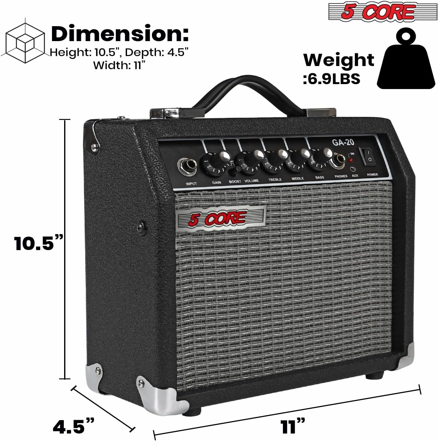 5 Core Guitar Amp 20W Amplifier for Electric Bass Acoustic Practice Amps Small Portable Mini Amplificador para Bajo with Built in Effects - GA 20 BLK