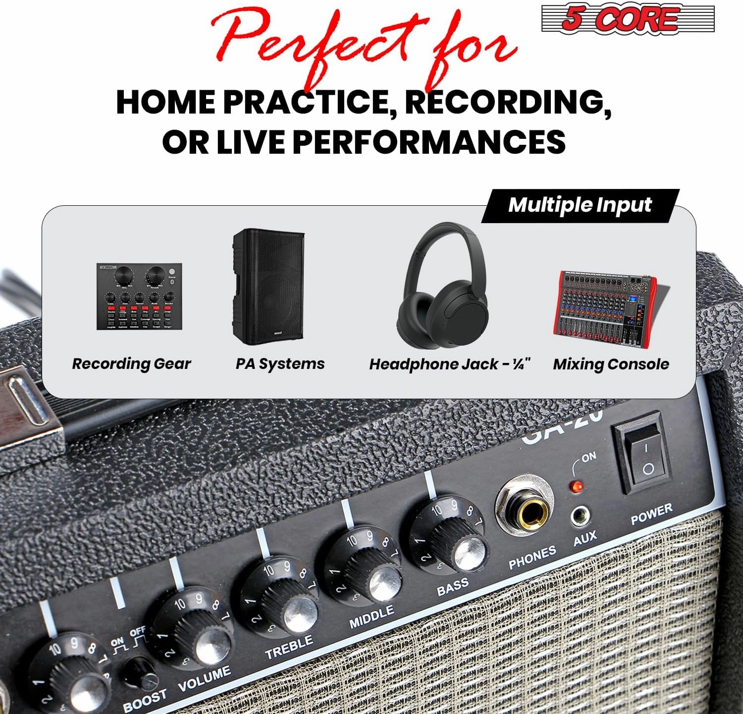5 Core Guitar Amp 20W Amplifier for Electric Bass Acoustic Practice Amps Small Portable Mini Amplificador para Bajo with Built in Effects - GA 20 BLK