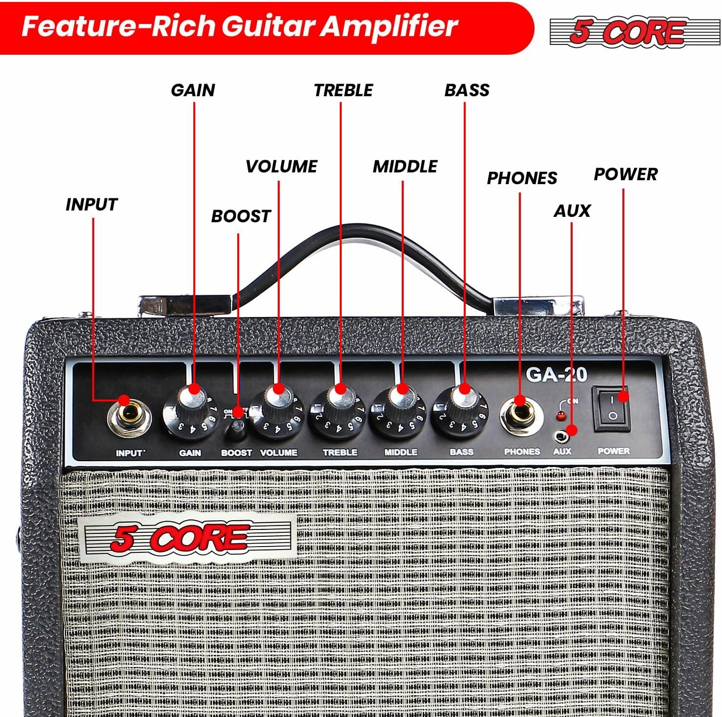 5 Core Guitar Amp 20W Amplifier for Electric Bass Acoustic Practice Amps Small Portable Mini Amplificador para Bajo with Built in Effects - GA 20 BLK