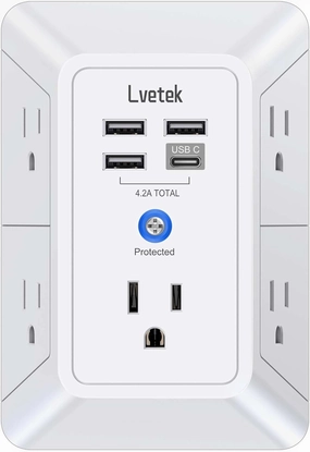 5 Outlet Extender Multi Plug Wall Outlets with 4 USB Charging Ports (1 USB C Outlet), 3 Sided 1680J Surge Protector Power Strip USB Wall Charger for Home, Office, Travel, ETL Listed, White power cord,hi-fi power cable,AC power lead,