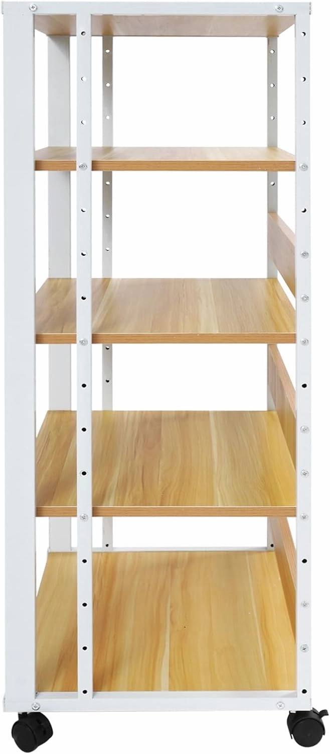 5-Tier AV Media Stand Audio Rack Tower with 4 Lockable Universal Wheels Movable Audio Media Stand with Top Corner Shelf for Record Player, Stereo Components, DVD Players(19.7*15.7*42.9in, White, Wood)