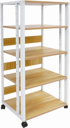5-Tier AV Media Stand Audio Rack Tower with 4 Lockable Universal Wheels Movable Audio Media Stand with Top Corner Shelf for Record Player, Stereo Components, DVD Players(19.7*15.7*42.9in, White, Wood) audio rack,hi-fi component stand,media shelf,