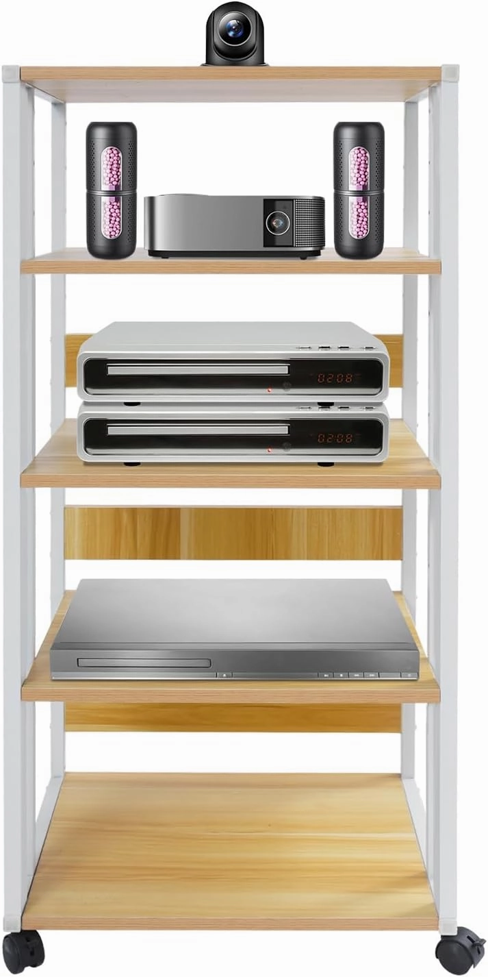 5-Tier AV Media Stand Audio Rack Tower with 4 Lockable Universal Wheels Movable Audio Media Stand with Top Corner Shelf for Record Player, Stereo Components, DVD Players(19.7*15.7*42.9in, White, Wood)