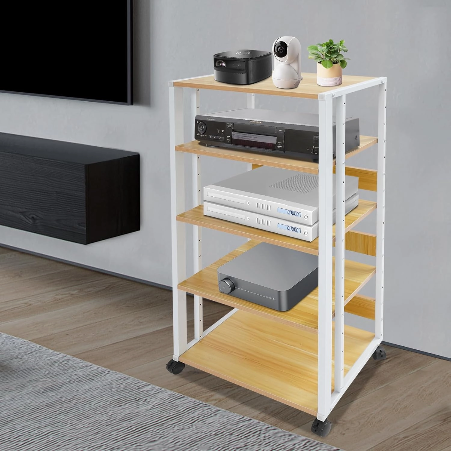 5-Tier AV Media Stand Audio Rack Tower with 4 Lockable Universal Wheels Movable Audio Media Stand with Top Corner Shelf for Record Player, Stereo Components, DVD Players(19.7*15.7*42.9in, White, Wood)