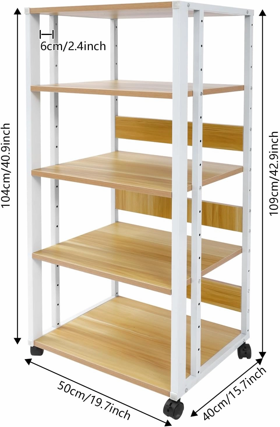 5-Tier AV Media Stand Audio Rack Tower with 4 Lockable Universal Wheels Movable Audio Media Stand with Top Corner Shelf for Record Player, Stereo Components, DVD Players(19.7*15.7*42.9in, White, Wood)