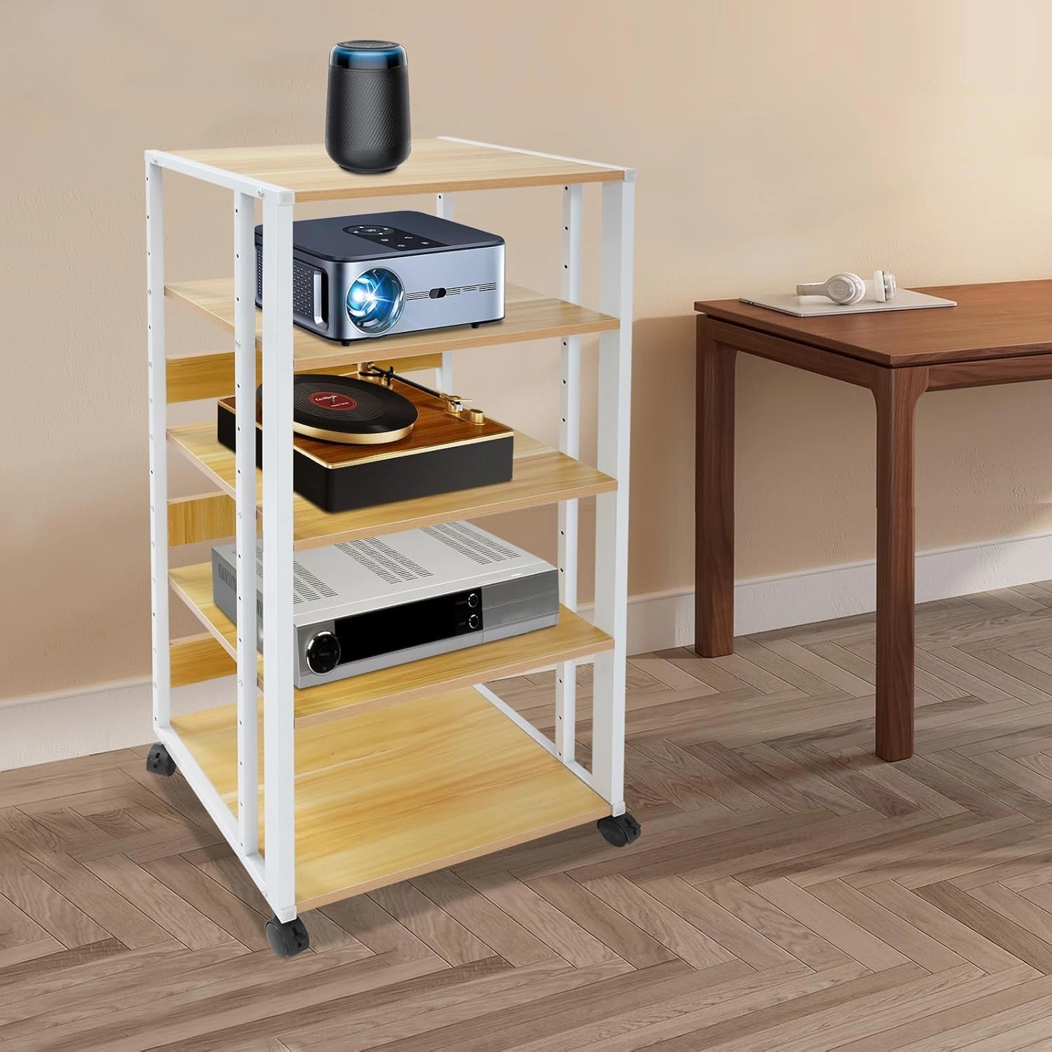 5-Tier AV Media Stand Audio Rack Tower with 4 Lockable Universal Wheels Movable Audio Media Stand with Top Corner Shelf for Record Player, Stereo Components, DVD Players(19.7*15.7*42.9in, White, Wood)
