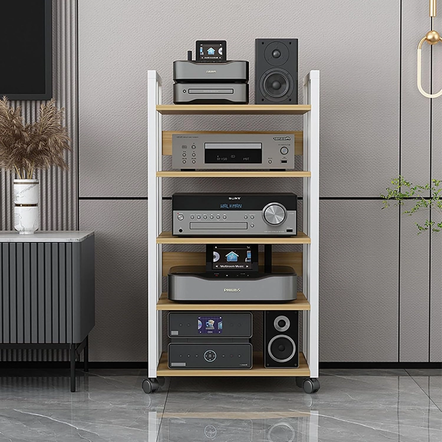 5 Tier Furniture Media Stand DVD CD Player Stand Audio Rack Power Amplifier Equipment Cabinet with Height Adjustable Wooden Shelf for Living, Gaming, Recording Room equipment cabinet,AV gear cabinet,component enclosure,