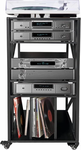 5 Tier Record Player Stand with Vinyl Storage, av Media Stand, Stereo Audio Rack Tower with Wheels, Entertainment Stereo Components (Black-Grill, 43in  15.7in  19.7in) audio rack,hi-fi component stand,media shelf,