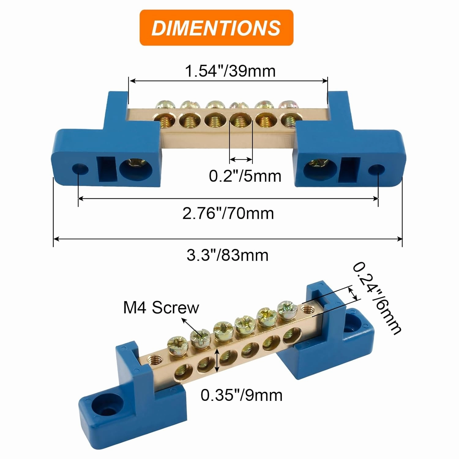 5pcs Terminal Bus Bar, 6 Position Brass Wire Terminal Block for Car Boat Marine, Bridge Design 6 * 9 Type Ground Distribution Block,Blue