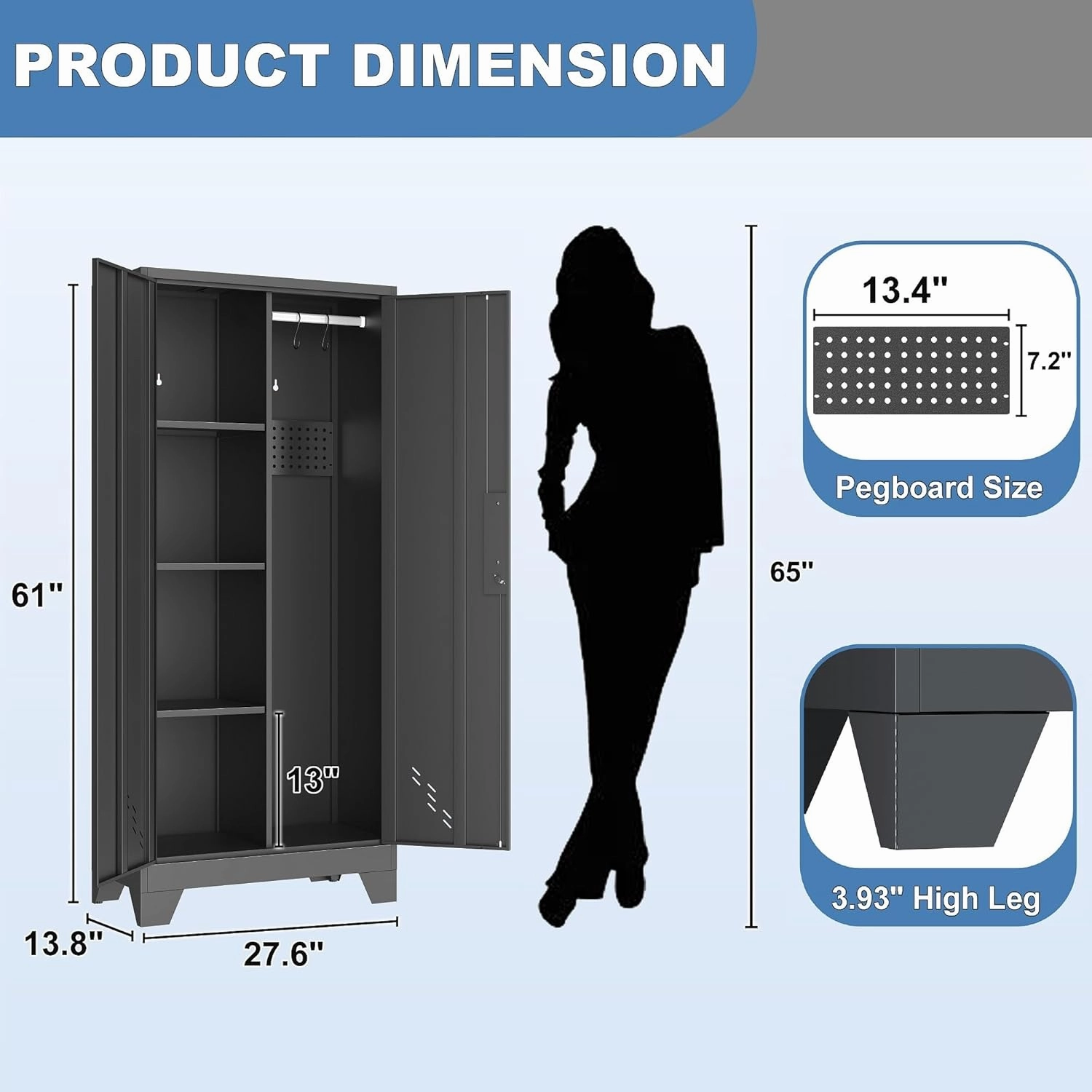 61" Broom Closet Storage Cabinet, Metal Storage Cabinet with Pegboard, Utility Cabinets for Brooms and Mops, Cleaning Tool Cabinets for Garage, Laundry Room, Bathroom