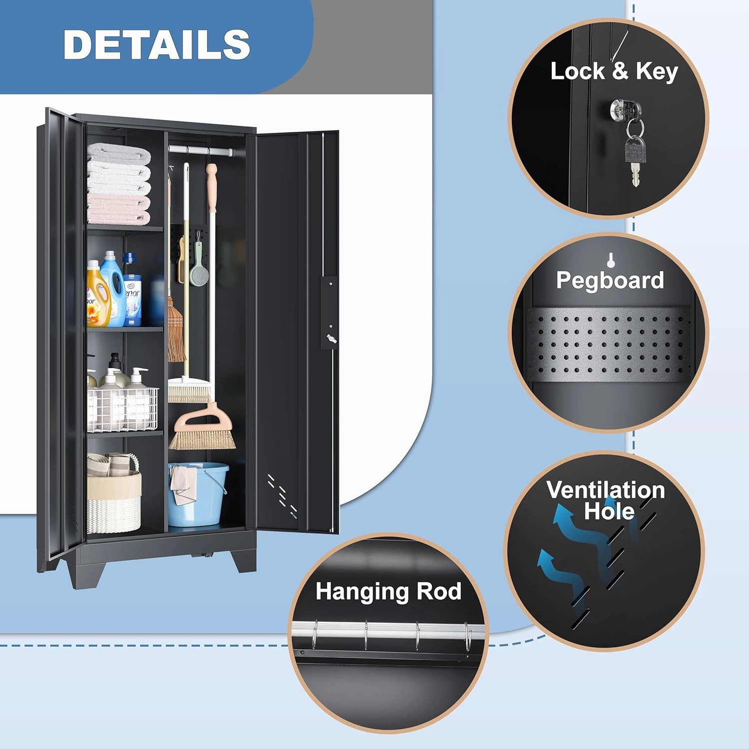 61" Broom Closet Storage Cabinet, Metal Storage Cabinet with Pegboard, Utility Cabinets for Brooms and Mops, Cleaning Tool Cabinets for Garage, Laundry Room, Bathroom
