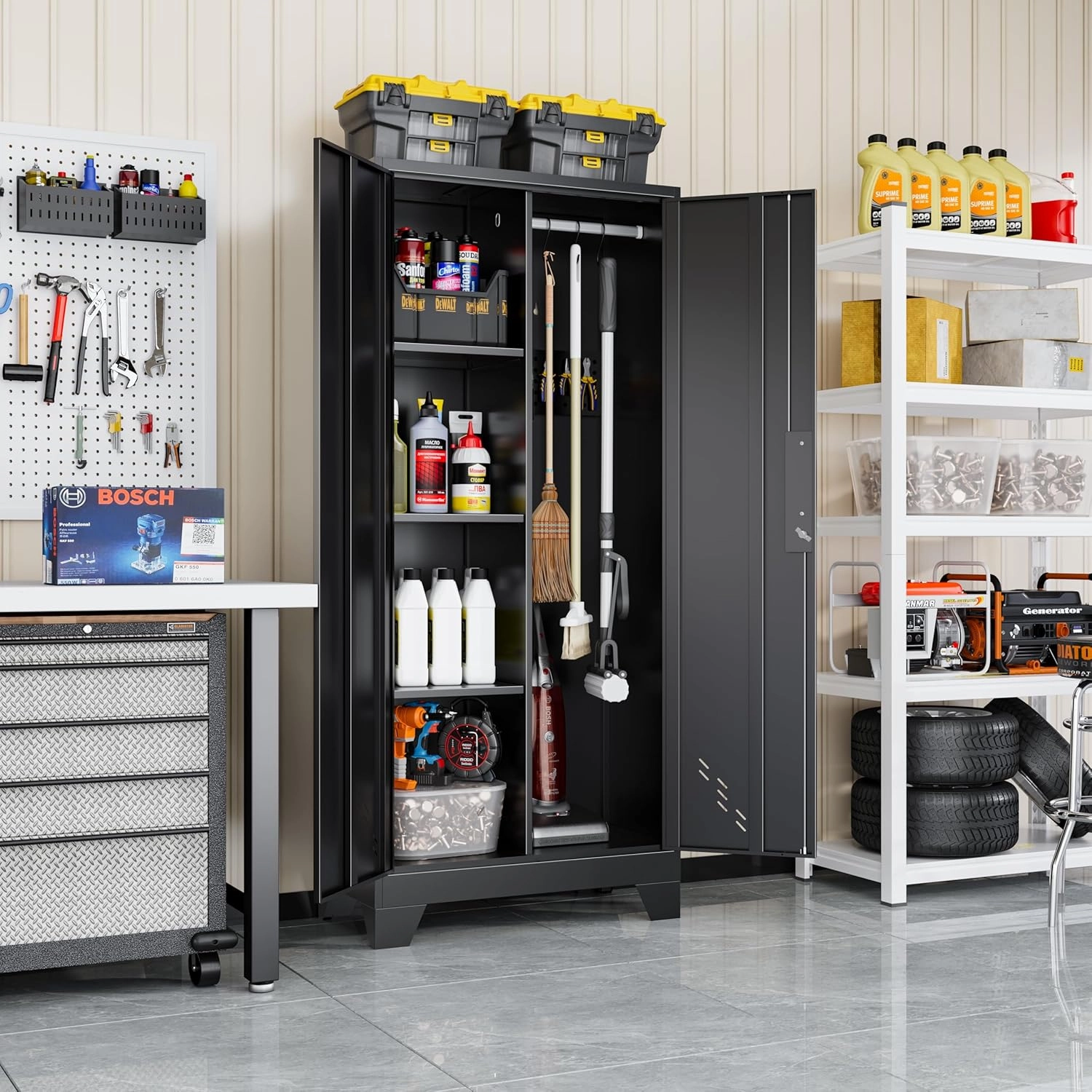 61" Broom Closet Storage Cabinet, Metal Storage Cabinet with Pegboard, Utility Cabinets for Brooms and Mops, Cleaning Tool Cabinets for Garage, Laundry Room, Bathroom