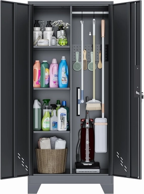 61" Broom Closet Storage Cabinet, Metal Storage Cabinet with Pegboard, Utility Cabinets for Brooms and Mops, Cleaning Tool Cabinets for Garage, Laundry Room, Bathroom equipment cabinet,AV gear cabinet,component enclosure,