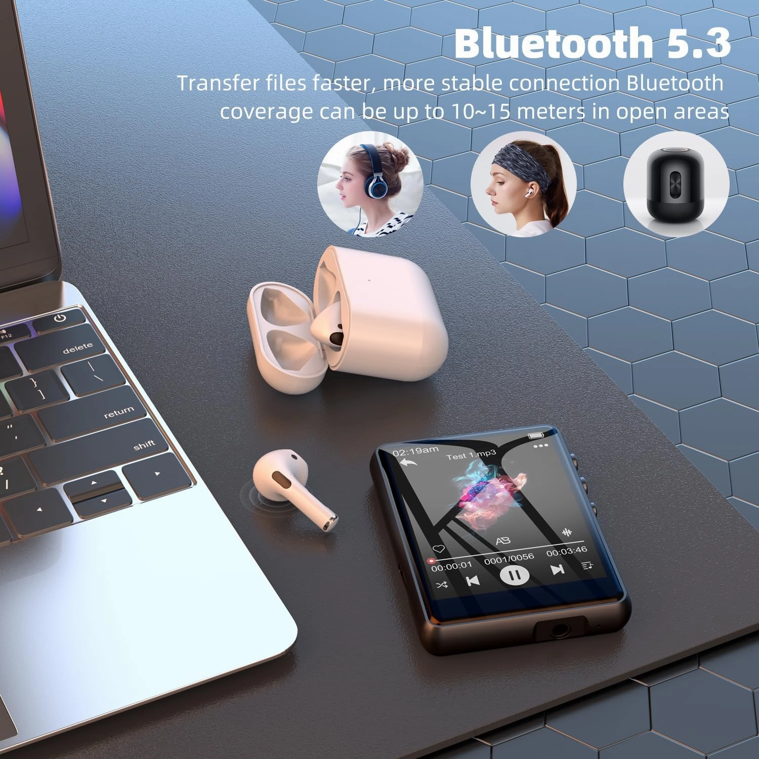 64GB MP3 Player with Bluetooth 5.3, 2.4" Full Touch Screen Portable Music Player, Lossless Sound Digital Audio Player Built-in HD Speaker, FM Radio, Player Case Earphones Included (Black)