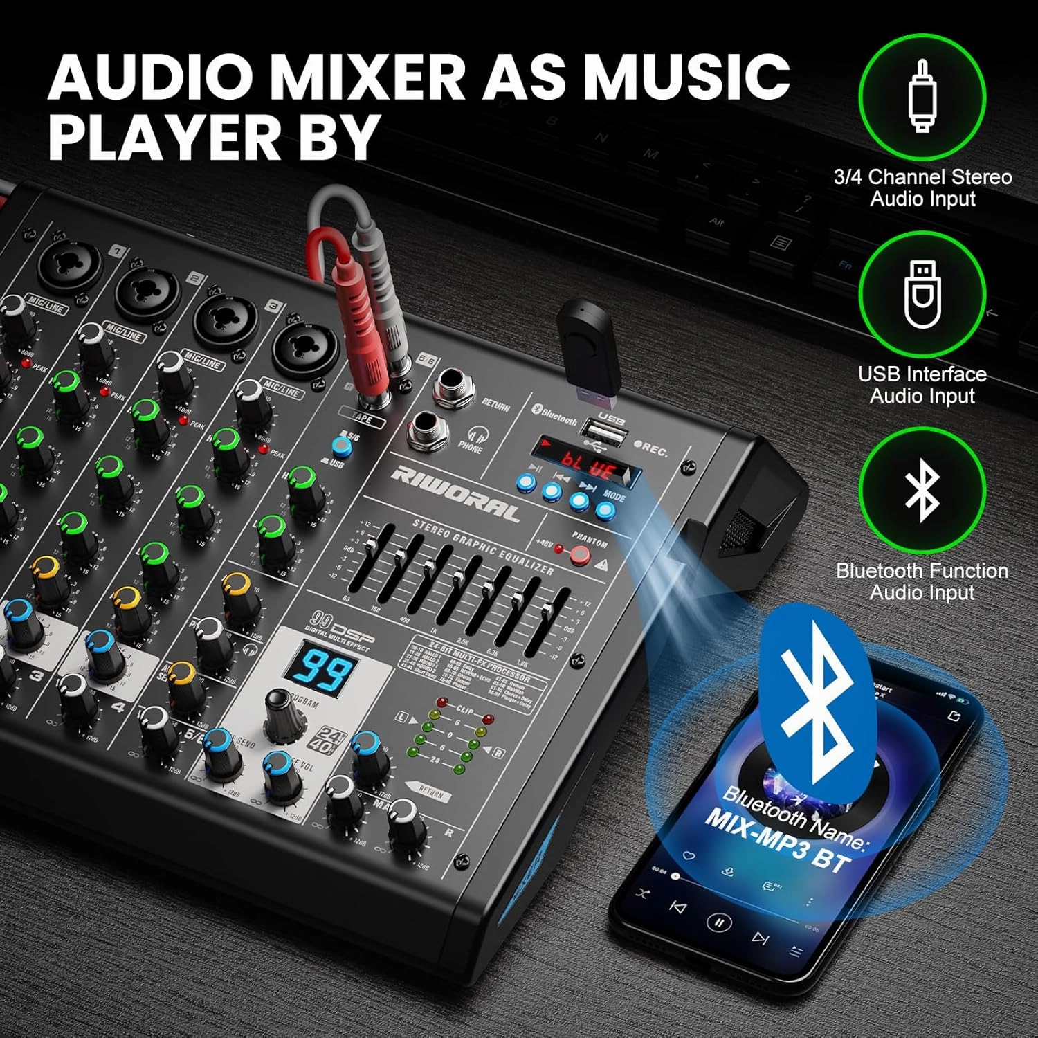 6 Channel Audio Interface Dj Mixer Soundboard Console 99 Dsp Reverb Delay Effect USB Bluetooth Studio Audio Mixer  48V Phantom Bluetooth for Karaoke Streaming Recording, Live Broadcast